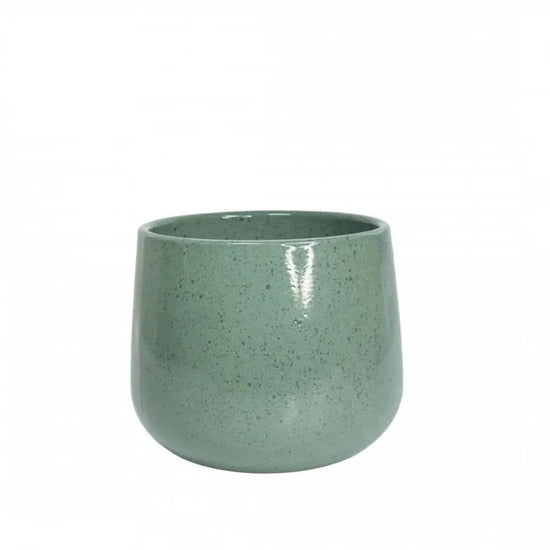 cache-pot vert en ceramique  format rond . Pot de fleurs vert mouchete sans trou. Pot pour plante interieur. Kipok