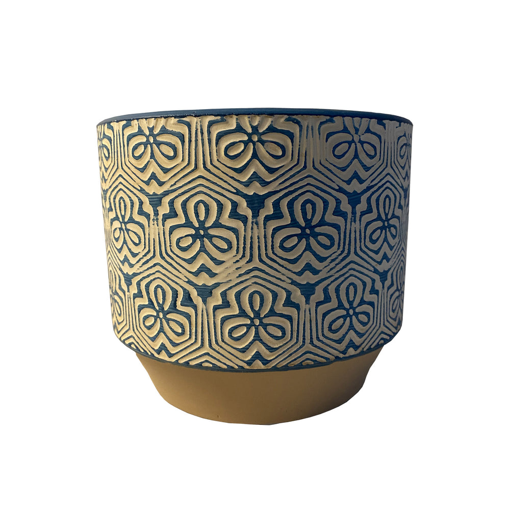 Pot de fleurs céramique  avec des motifs de couleur bleu  vide sans  plantes. Petit pot en céramique émaillé à poser sur une table ou en terrasse idéal pour décorer. cache-pot intérieur . Kipok.  petit cache pot.  Cache pot bleu pour petites plantes et cactus. achat pot de fleur en ligne.  Cache pot bleu et blanc Azur. Kipok